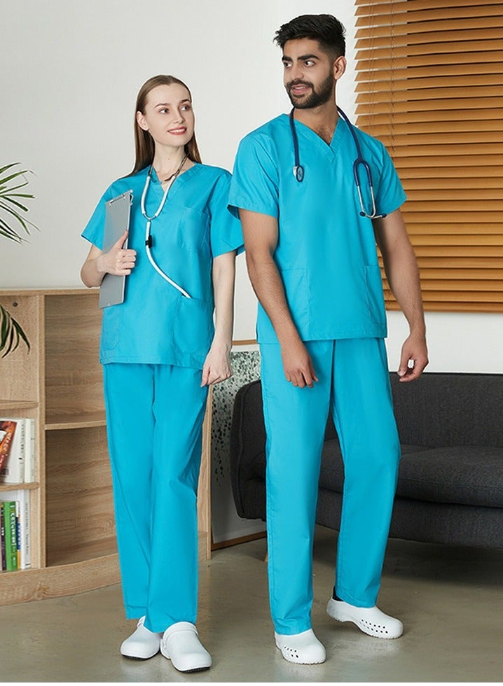 Loquat Medical Uniform Scrubs 2 Piece Set V-Neck Top and Elastic Waist Straight Pants Suit Lake Blue