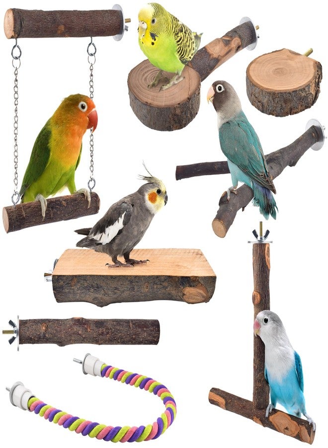 DBNESS Bird Perches, 8pcs Natural Wood Parrot Perch Stand Chewing Toys Cage Accessories Hanging Multi-Branch Perch Platform Swing Toy Rope Perches for Small and Medium Parakeet, Conures, Budgies - Image 1