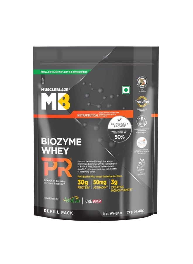 مسل بلايز بروتين مصل اللبن MuscleBlaze Biozyme Whey Protein PR - يحتوي على 30 جم بروتين، و3 جم كرياتين مونوهيدرات، و50 جم AstraGin - نكهة كعكة الشوكولاتة الذائبة (عبوة إعادة تعبئة بوزن 2 كجم) | حاصل على شهادة Trustified Gold - Image 1
