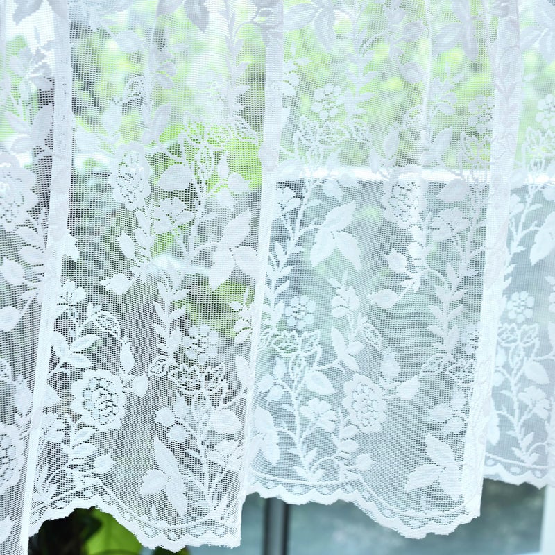 FINECITY White Lace Valance for Kitchen Window Over Sink Country Leaf Floral Sheer Valance Curtain 18 Inch Length Rod Pocket Privacy Scalloped Bottom Lace Valances 52 x 18 Inch 1 Panel White