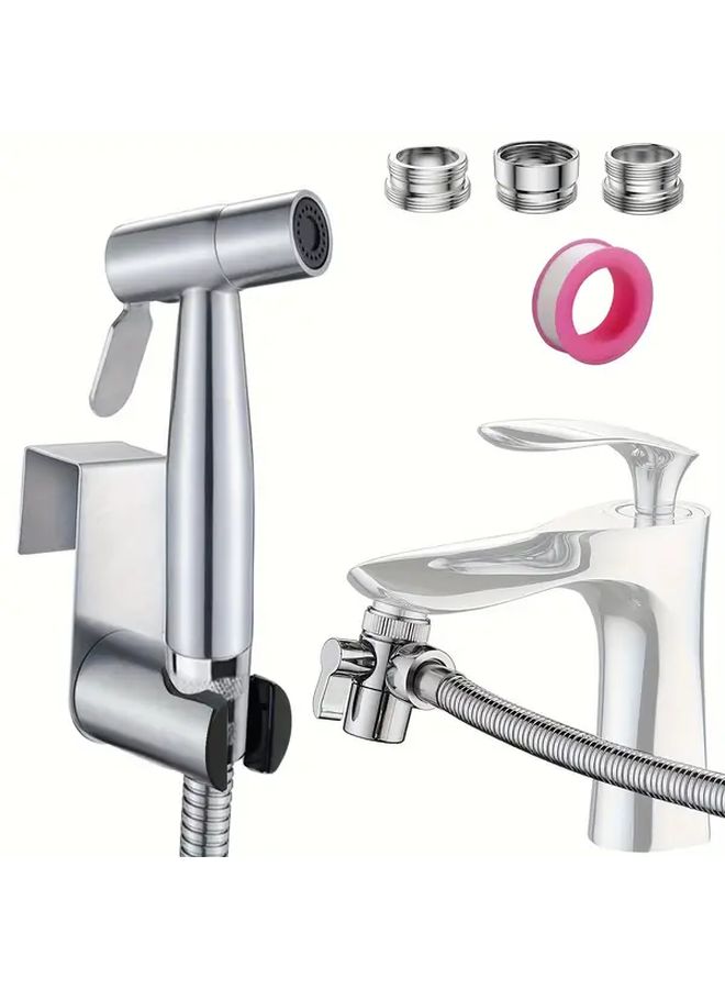 Silver Bidet Sprayer Faucet Set With Splitter 59 Inch Hose For Toilet Kitchen Or Bathroom Sink - Image 1