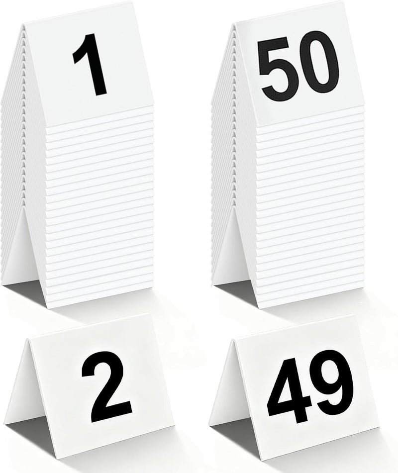 Estleys أرقام طاولات المطعم 1-50 بيضاء، بطاقات أرقام طاولة أكريليك مزدوجة الجوانب بأسلوب الخيمة لحفلات الزفاف، لافتات الأرقام للحفلات، الولائم، حفلات الزفاف، الفعاليات - Image 1