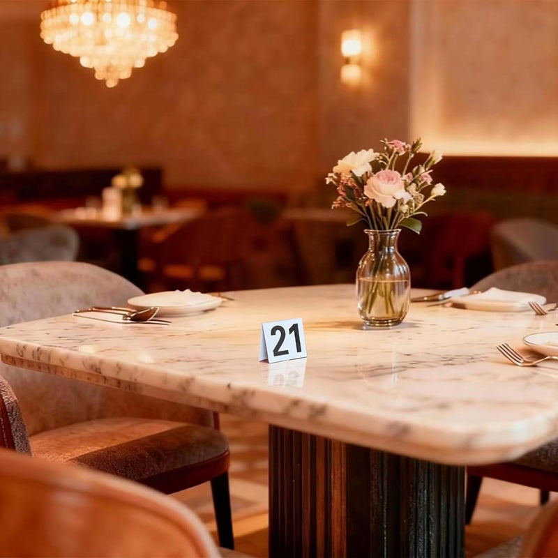 Estleys أرقام طاولات المطعم 1-50 بيضاء، بطاقات أرقام طاولة أكريليك مزدوجة الجوانب بأسلوب الخيمة لحفلات الزفاف، لافتات الأرقام للحفلات، الولائم، حفلات الزفاف، الفعاليات - Image 3