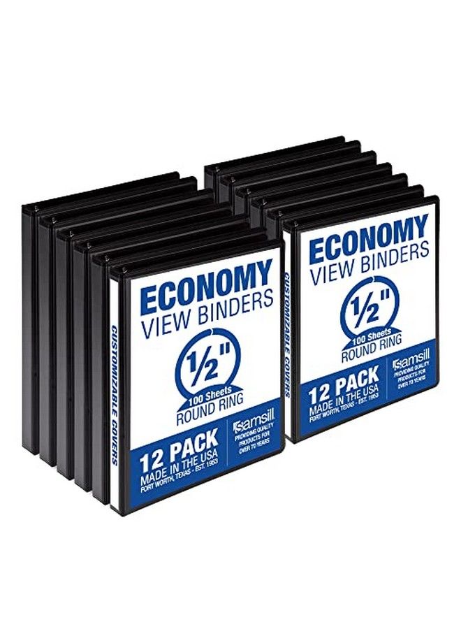Samsill Economy 0.5 Inch 3 Ring Binder Made In The Usa Round Ring Binder Customizable Clear View Binder Black 12 Pack - Image 1
