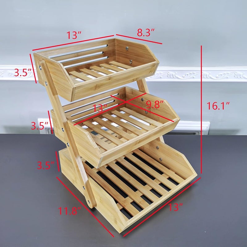 FixtureDisplays FixtureDisplays 13 X 12 X 16 3 Tier Fruit Basket Stand Bamboo Clear Varnish Easy Assembly Countertop Storage Display Rack 15664NEWNPF - Image 5