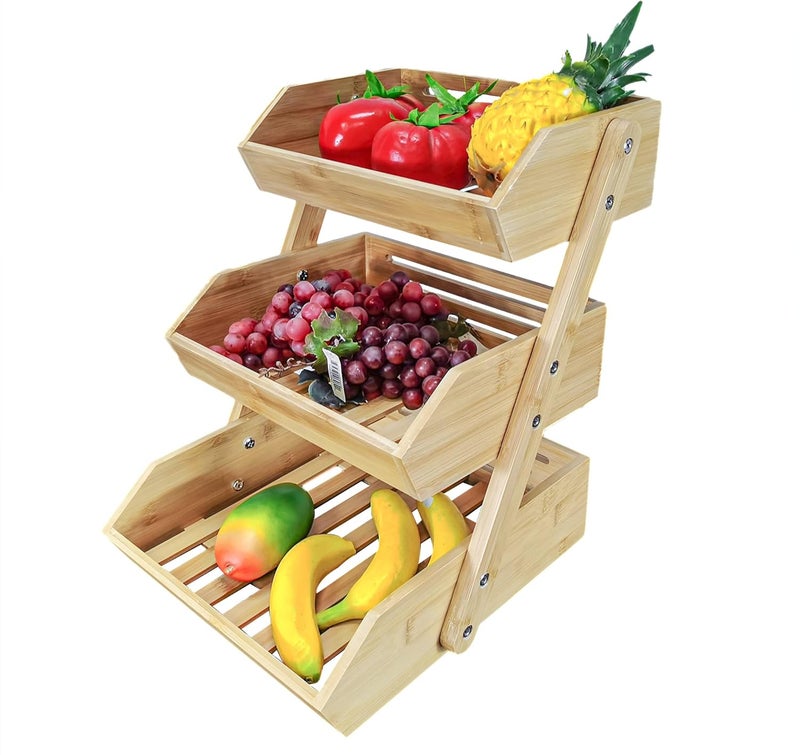 FixtureDisplays FixtureDisplays 13 X 12 X 16 3 Tier Fruit Basket Stand Bamboo Clear Varnish Easy Assembly Countertop Storage Display Rack 15664NEWNPF - Image 1