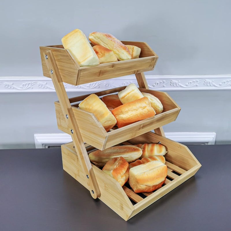 FixtureDisplays FixtureDisplays 13 X 12 X 16 3 Tier Fruit Basket Stand Bamboo Clear Varnish Easy Assembly Countertop Storage Display Rack 15664NEWNPF - Image 3