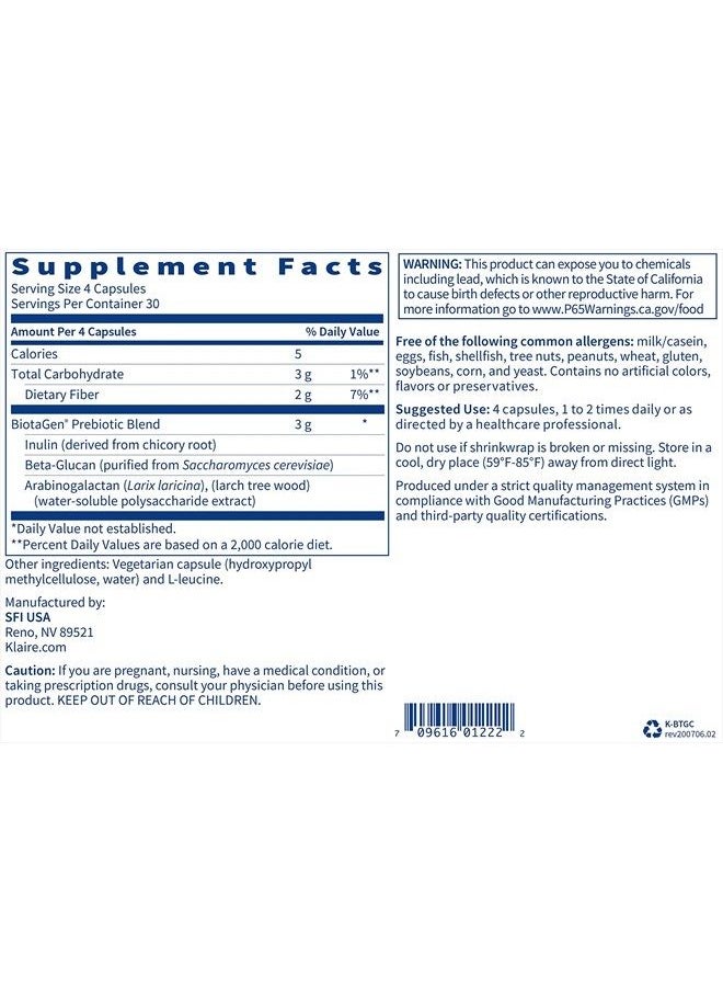 Klaire Labs - Biotagen - Prebiotic Inulin, Beta-Glucan & Arabinogalactan to Support Gut Microbiota (120 Capsules) - Image 1