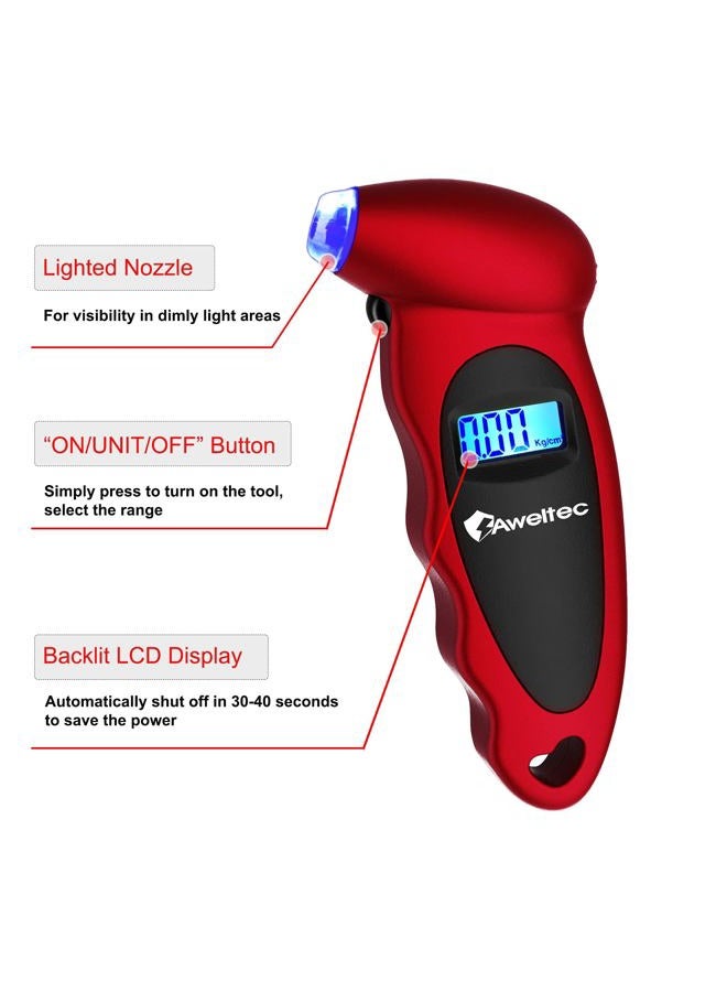 AWELTEC Digital Tire Pressure Gauge 2 Pack - 150 PSI, 4 Settings, Tire Gauge for Car, Truck, Motorcycle, Bicycle with Backlit LCD and Non-Slip Grip (Red) - Image 4