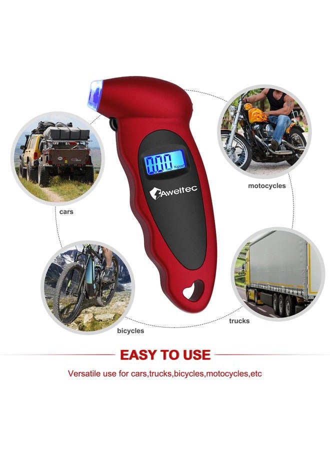 AWELTEC Digital Tire Pressure Gauge 2 Pack - 150 PSI, 4 Settings, Tire Gauge for Car, Truck, Motorcycle, Bicycle with Backlit LCD and Non-Slip Grip (Red) - Image 5