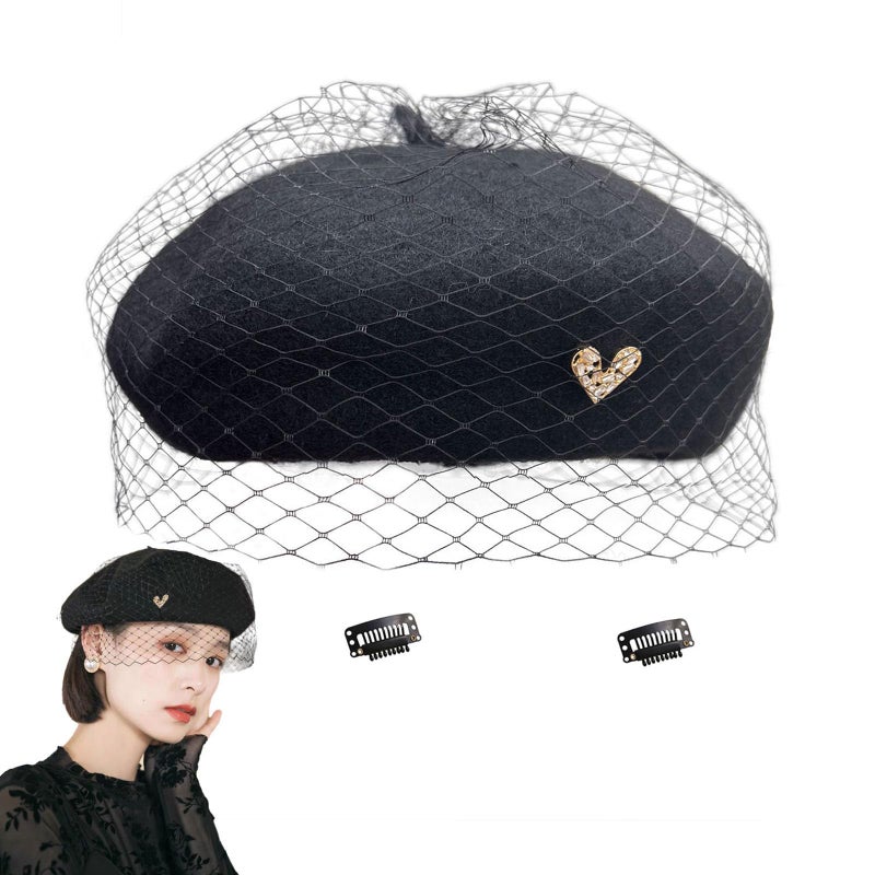 huablo French Berets with Veil Premium Cashmere Beret Elegant Wool Hat for Women Solid Artist Hats Black - Image 1