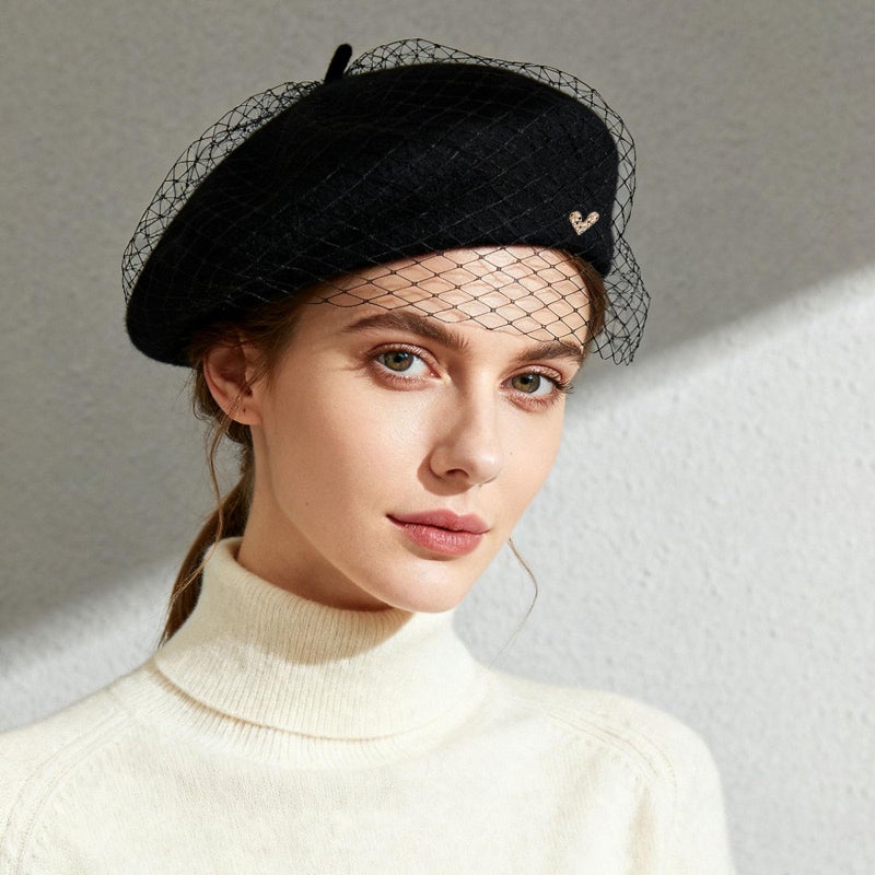 huablo French Berets with Veil Premium Cashmere Beret Elegant Wool Hat for Women Solid Artist Hats Black - Image 2