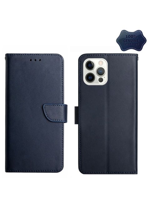 Case Cover For iPhone 14 Pro Genuine Leather Fingerprint-proof Horizontal Flip Phone Case Blue