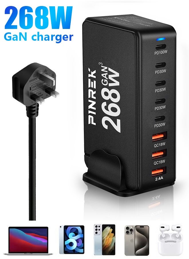 PINREK - 268W GaN USB C Charger,  8 Port Type C Fast Charging Station Hub Block, Wall Charger Power Strip Adapter Plug Cube 5 PD USB C 3 QC USB A Laptop Charger for MacBook Air Sumsung S23 iPhone 15 14  iPad - Image 1