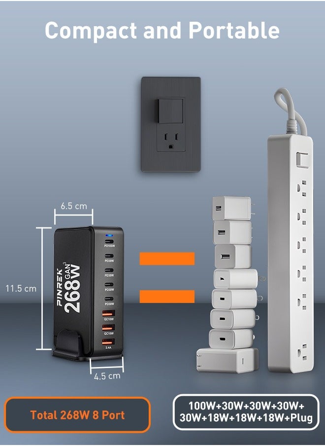 PINREK - 268W GaN USB C Charger,  8 Port Type C Fast Charging Station Hub Block, Wall Charger Power Strip Adapter Plug Cube 5 PD USB C 3 QC USB A Laptop Charger for MacBook Air Sumsung S23 iPhone 15 14  iPad - Image 1