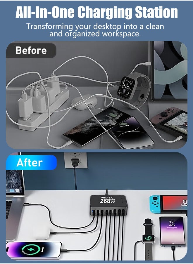 PINREK - 268W GaN USB C Charger,  8 Port Type C Fast Charging Station Hub Block, Wall Charger Power Strip Adapter Plug Cube 5 PD USB C 3 QC USB A Laptop Charger for MacBook Air Sumsung S23 iPhone 15 14  iPad - Image 1