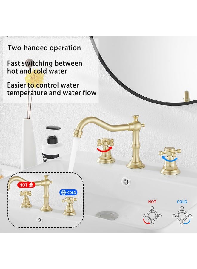 GGStudy Brushed Gold Bathroom Faucet 2 Handles 3 Holes Widespread Bathroom Sink Facuet Farmhouse Washingroom Faucet Mixer Tap - Image 3