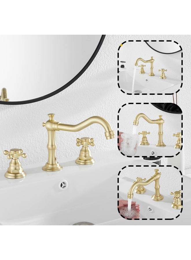 GGStudy Brushed Gold Bathroom Faucet 2 Handles 3 Holes Widespread Bathroom Sink Facuet Farmhouse Washingroom Faucet Mixer Tap - Image 4