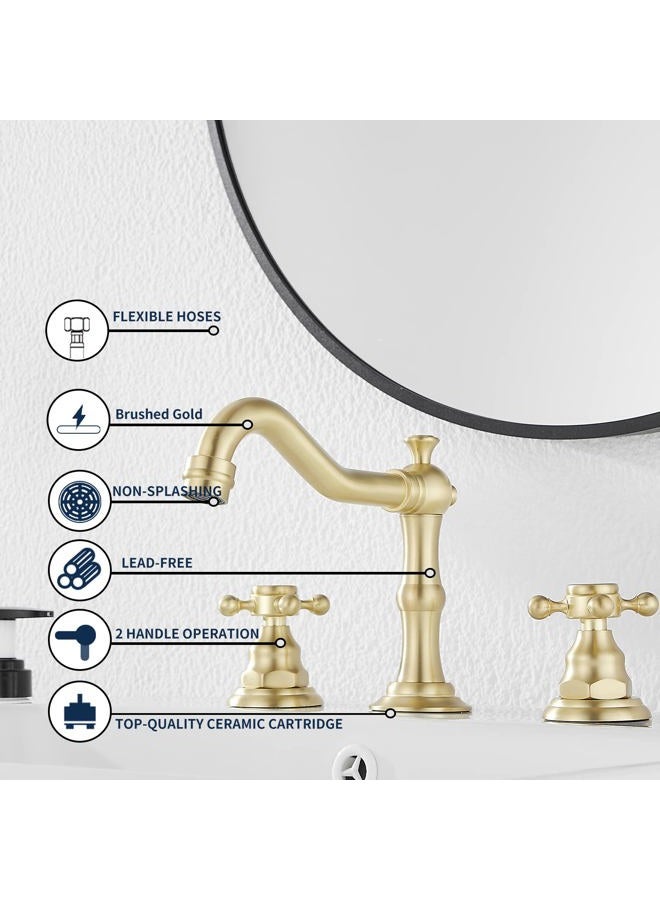 GGStudy Brushed Gold Bathroom Faucet 2 Handles 3 Holes Widespread Bathroom Sink Facuet Farmhouse Washingroom Faucet Mixer Tap - Image 5