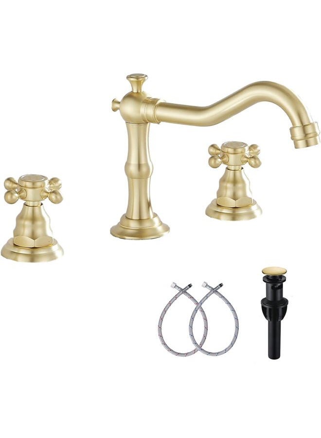 GGStudy Brushed Gold Bathroom Faucet 2 Handles 3 Holes Widespread Bathroom Sink Facuet Farmhouse Washingroom Faucet Mixer Tap - Image 1