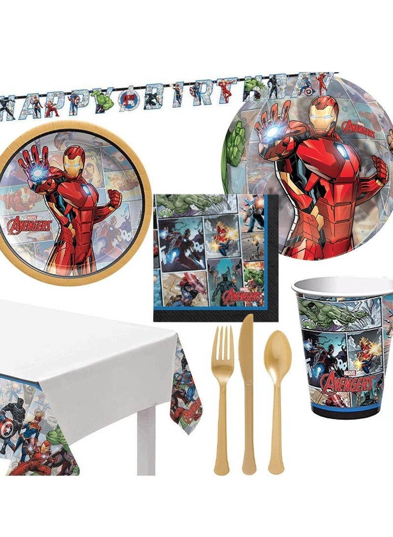 Amscan أيرون مان، 59 قطعة من أدوات المائدة لوازم الحفلات لـ 8 ضيوف، تشمل المناديل، الأطباق، الأكواب، أدوات المائدة، غطاء الطاولة، لافتة وبالون لـ 8 ضيوف - Image 1