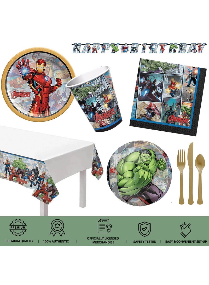 Amscan أيرون مان، 59 قطعة من أدوات المائدة لوازم الحفلات لـ 8 ضيوف، تشمل المناديل، الأطباق، الأكواب، أدوات المائدة، غطاء الطاولة، لافتة وبالون لـ 8 ضيوف - Image 2