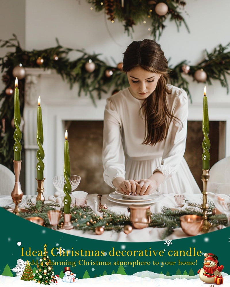 LPUSA Olive Green Spiral Taper Candles Handmade Twisted Candle Conical Stick Candles for Holiday Wedding Party Wax Unscented Dinner Candle Dripless,Christmas Gift H 10 Inch, 4pcs（Olive Green） - Image 2