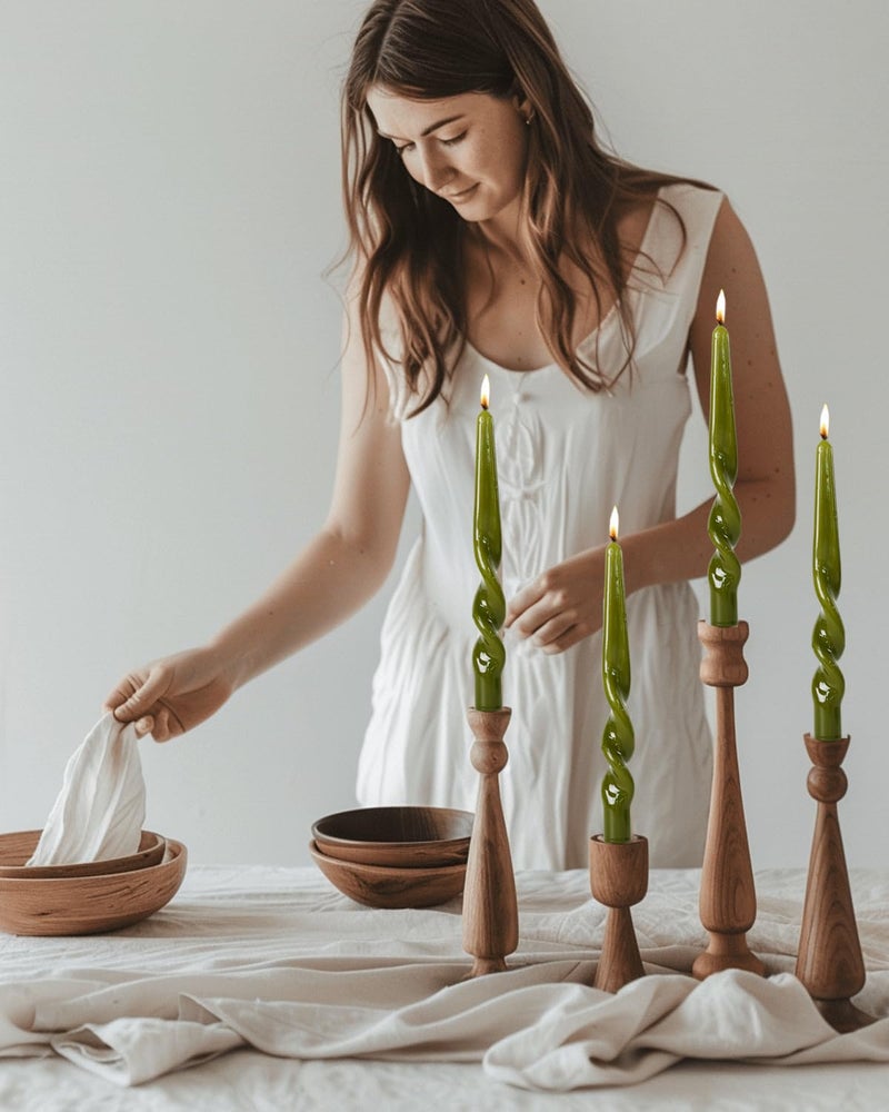 LPUSA Olive Green Spiral Taper Candles Handmade Twisted Candle Conical Stick Candles for Holiday Wedding Party Wax Unscented Dinner Candle Dripless,Christmas Gift H 10 Inch, 4pcs（Olive Green） - Image 3