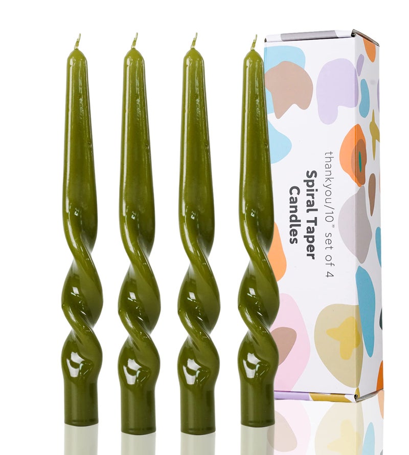 LPUSA Olive Green Spiral Taper Candles Handmade Twisted Candle Conical Stick Candles for Holiday Wedding Party Wax Unscented Dinner Candle Dripless,Christmas Gift H 10 Inch, 4pcs（Olive Green） - Image 1