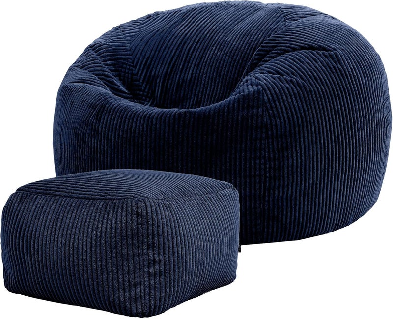 ICON Kingston Cord Bean Bag with Footstool, Navy Blue, Large Adult Bean Bag Chair with Filling Included, Comfy Chair, Pouffe Footstool, Living Room Furniture, Bedroom Furniture - Image 1