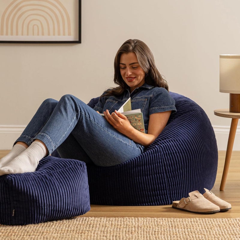 ICON Kingston Cord Bean Bag with Footstool, Navy Blue, Large Adult Bean Bag Chair with Filling Included, Comfy Chair, Pouffe Footstool, Living Room Furniture, Bedroom Furniture - Image 2