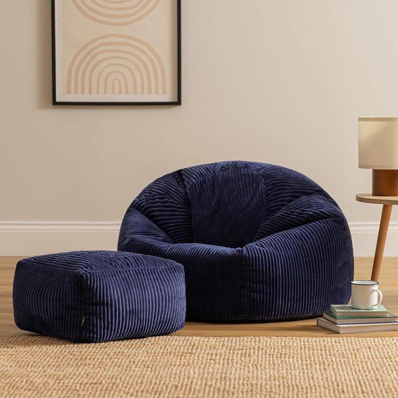 ICON Kingston Cord Bean Bag with Footstool, Navy Blue, Large Adult Bean Bag Chair with Filling Included, Comfy Chair, Pouffe Footstool, Living Room Furniture, Bedroom Furniture - Image 4