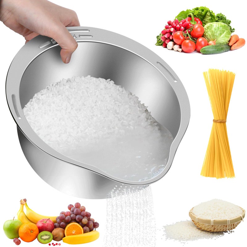 KesaPlan Rice Washer Strainer Bowl, 4-in-1 Quinoa Washer Bowl Stainless Steel Rice Rinser Strainer Sink Colanders With Side Drainers for Cleaning Fruits, Vegetables, and Beans, Versatile Kitchen Tool - Image 2