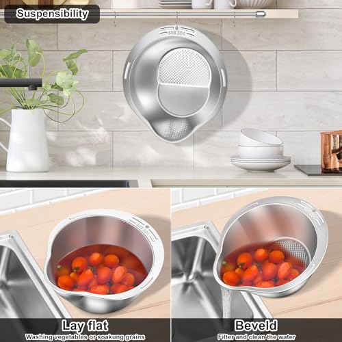 KesaPlan Rice Washer Strainer Bowl, 4-in-1 Quinoa Washer Bowl Stainless Steel Rice Rinser Strainer Sink Colanders With Side Drainers for Cleaning Fruits, Vegetables, and Beans, Versatile Kitchen Tool - Image 3