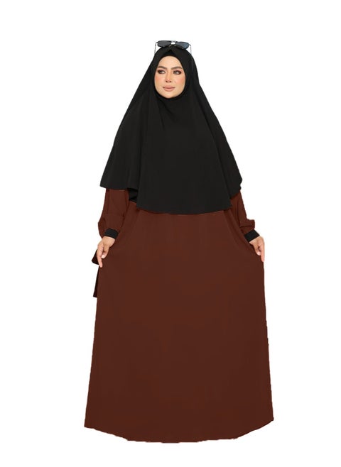 A two-piece outfit made of royal crepe, an abaya and a veil, the size is free size and can be worn up to 120 kilos for women.