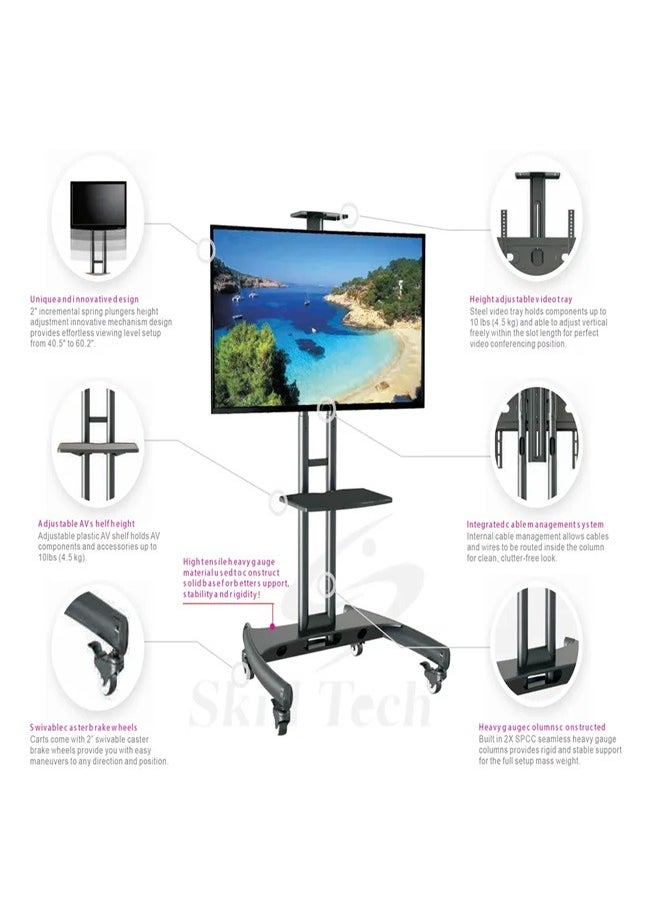 Skill Tech SH 1500N Economy Mobile TV Stand for 32–65 Inch Screens, VESA 600x400mm, Max Load 50kg – Height Adjustable Rolling TV Cart with Locking Wheels  Black  - Image 2
