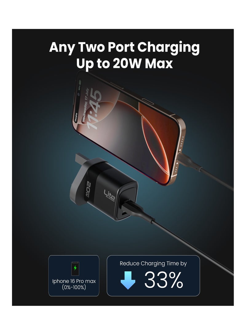 Moxedo Lite 20W GaN Charger USB-C/USB-A Ports Fast Charging PD 3.0 Compatible for iPhone Series, iPad Pro 12.9, 11, MacBook, Samsung Galaxy S24, Pixel and more. - Image 2