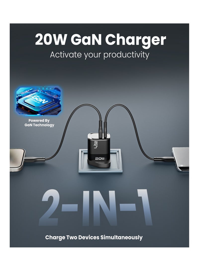 Moxedo Lite 20W GaN Charger USB-C/USB-A Ports Fast Charging PD 3.0 Compatible for iPhone Series, iPad Pro 12.9, 11, MacBook, Samsung Galaxy S24, Pixel and more. - Image 3