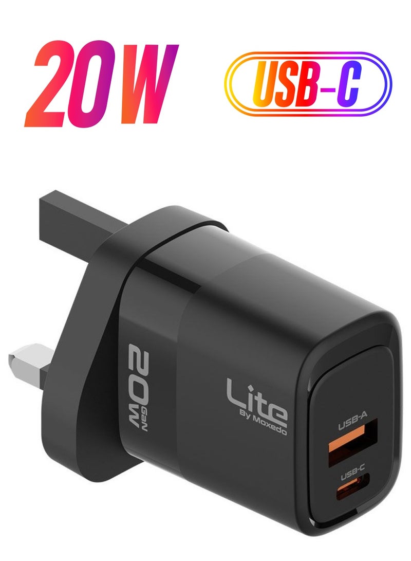 Moxedo Lite 20W GaN Charger USB-C/USB-A Ports Fast Charging PD 3.0 Compatible for iPhone Series, iPad Pro 12.9, 11, MacBook, Samsung Galaxy S24, Pixel and more. - Image 1