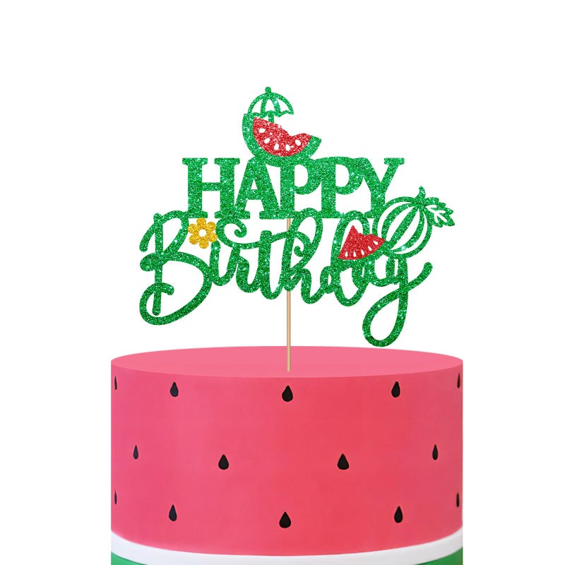 Watermalon Happy Birthday Cake Topper, Summer Fruit Cake Decor, Green Glitter Watermalon Cake Topper for Kids, Hawaiian Themed Birthday/Baby Shower Party Decoration - Image 1
