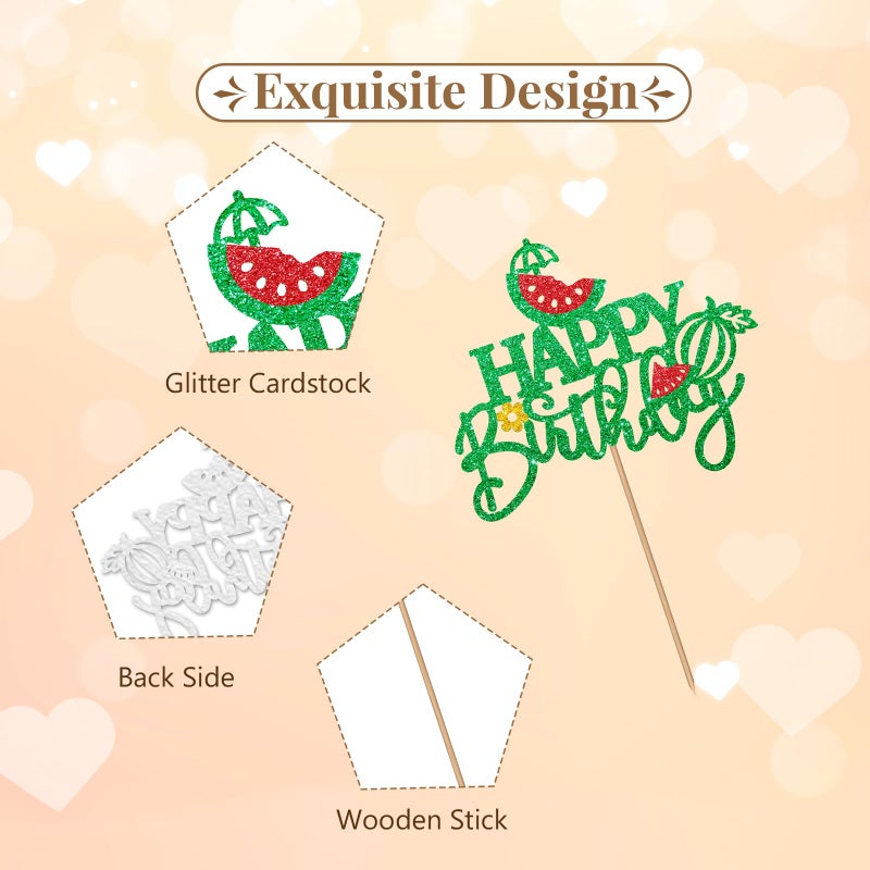 Watermalon Happy Birthday Cake Topper, Summer Fruit Cake Decor, Green Glitter Watermalon Cake Topper for Kids, Hawaiian Themed Birthday/Baby Shower Party Decoration - Image 4