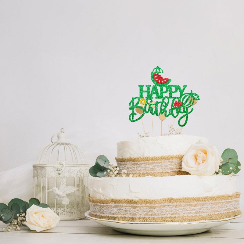Watermalon Happy Birthday Cake Topper, Summer Fruit Cake Decor, Green Glitter Watermalon Cake Topper for Kids, Hawaiian Themed Birthday/Baby Shower Party Decoration - Image 5