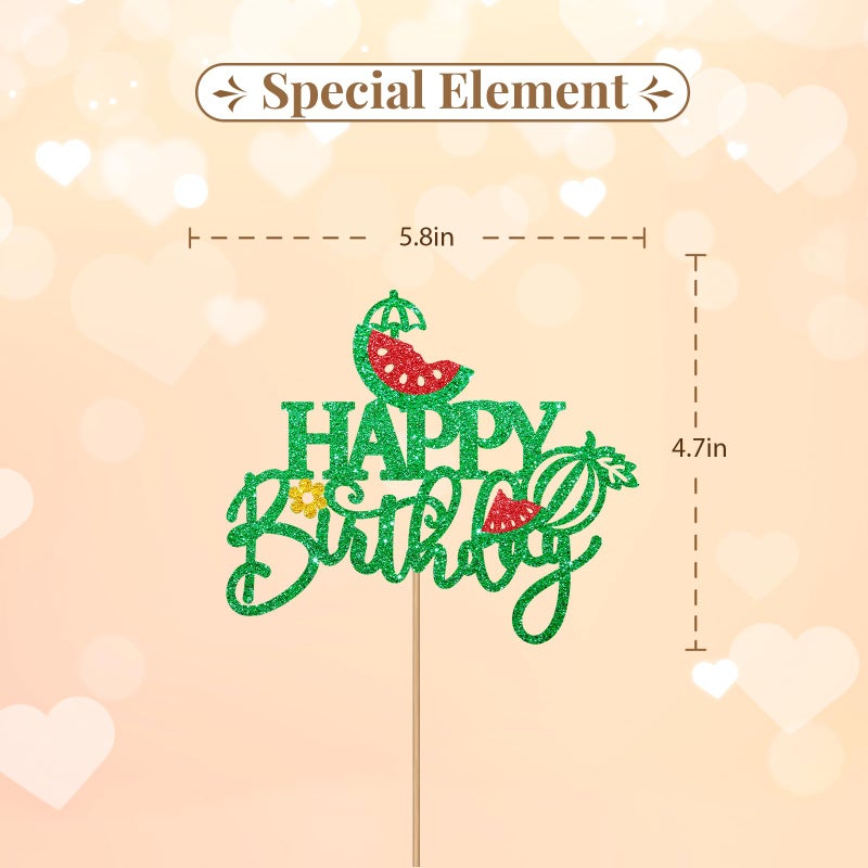 Watermalon Happy Birthday Cake Topper, Summer Fruit Cake Decor, Green Glitter Watermalon Cake Topper for Kids, Hawaiian Themed Birthday/Baby Shower Party Decoration - Image 2
