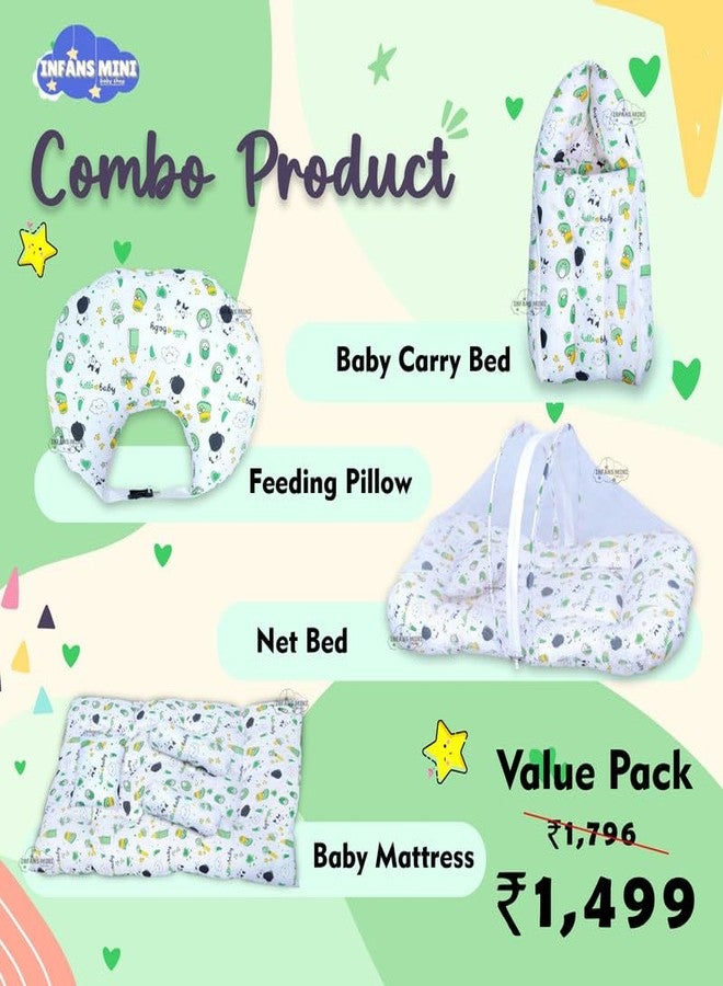 Infans Mini Baby Bedding Set, 4 Pcs Cotton Sleeping Essential|Baby Sleeping Bag|Sleeping Mattress|Mother Nursing Feeding Pillow|Mosquito Net Bed for 0-6 Months (Panda Green) - Image 2