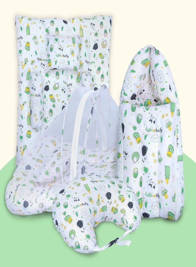 Infans Mini Baby Bedding Set, 4 Pcs Cotton Sleeping Essential|Baby Sleeping Bag|Sleeping Mattress|Mother Nursing Feeding Pillow|Mosquito Net Bed for 0-6 Months (Panda Green) - Image 1