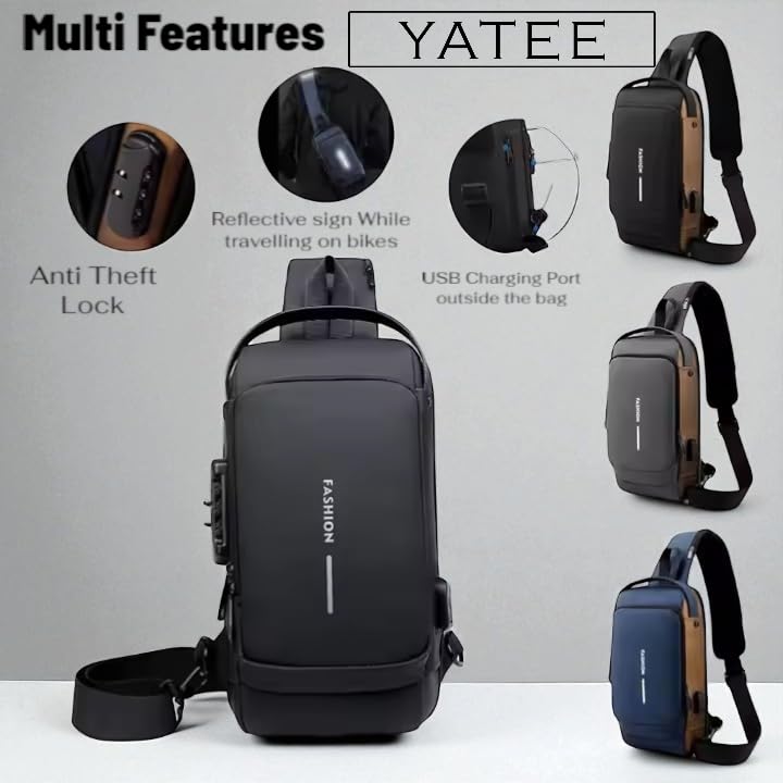 Yatee Men’s Sling Bag with USB Charging Port, Anti-Theft Crossbody Chest Bag, Waterproof Shoulder Backpack for Travel, Office, College & Daily Use (Brown) - Image 4