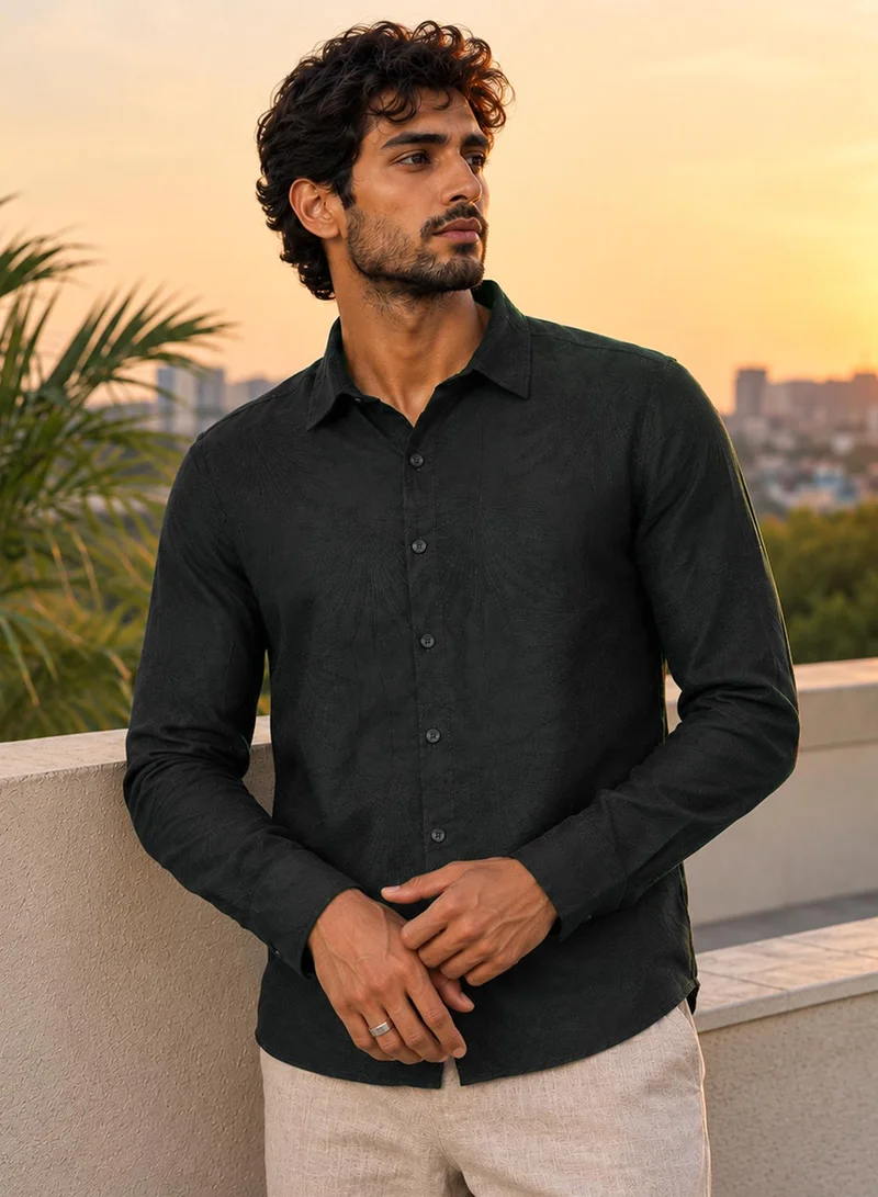 CAHOOT Men's Dark-Green Self Design Regular Shirt For Casual Wear | Collared Neck | Long Sleeve | Button Closure | Viscose Blend Shirt Crafted With Comfort Fit For Everyday Wear