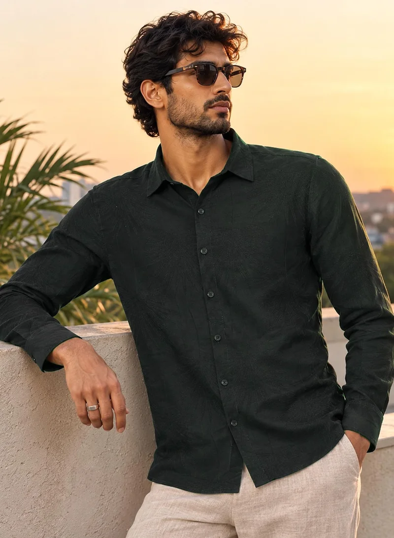 CAHOOT Men's Dark-Green Self Design Regular Shirt For Casual Wear | Collared Neck | Long Sleeve | Button Closure | Viscose Blend Shirt Crafted With Comfort Fit For Everyday Wear