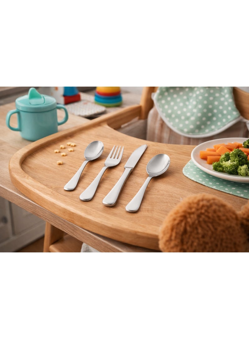BSF 🍽️ Plain stainless steel children's serving set (spoon + fork + knife + teaspoon) – 4 pieces ✨ - Image 1