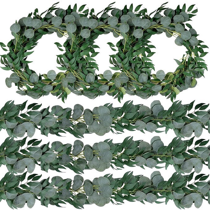 6 Pack 65 Feet Artificial Eucalyptus Garland with Willow Leaves Faux Greenery Garland for Wedding Fireplace Party Home Table Runner Arch Decor